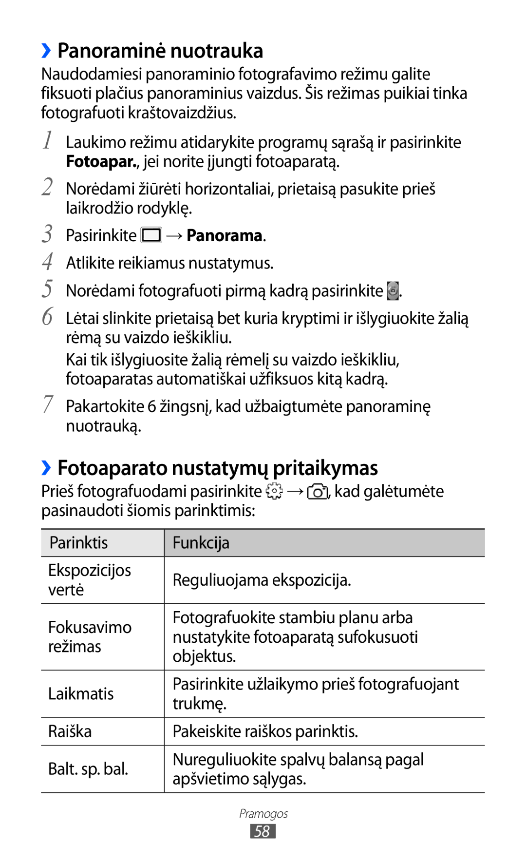 Samsung GT-S5690KOASEB manual ››Panoraminė nuotrauka, ››Fotoaparato nustatymų pritaikymas, Trukmę 