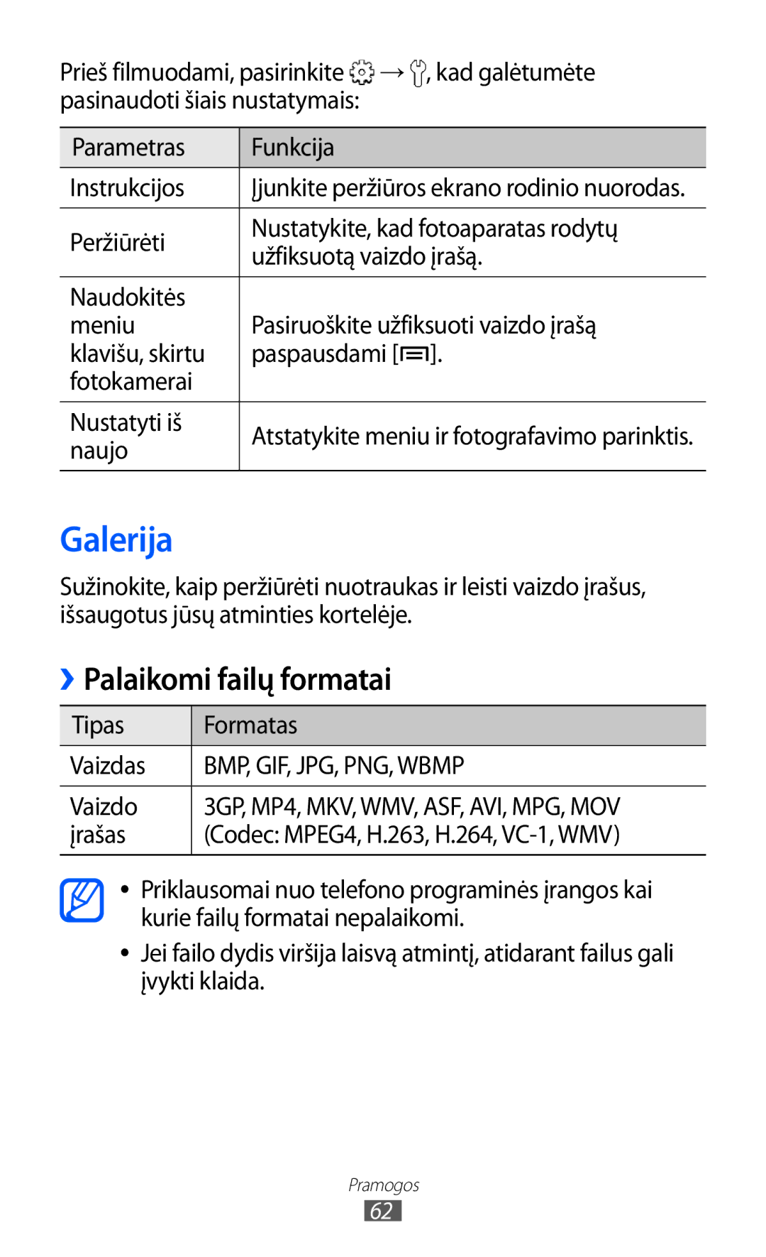 Samsung GT-S5690KOASEB manual Galerija, Palaikomi failų formatai 