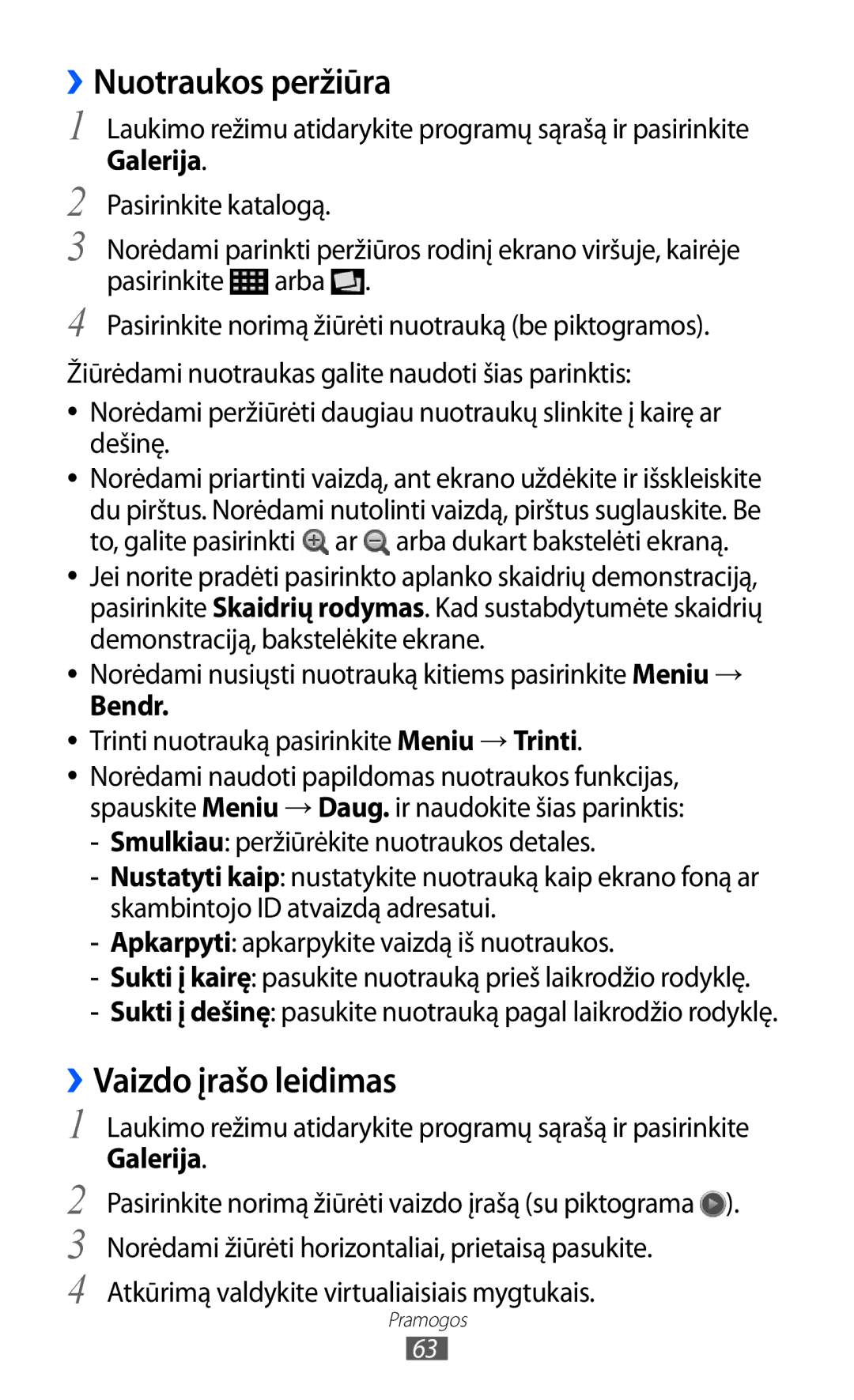 Samsung GT-S5690KOASEB manual ››Nuotraukos peržiūra, ››Vaizdo įrašo leidimas, Galerija, Bendr 