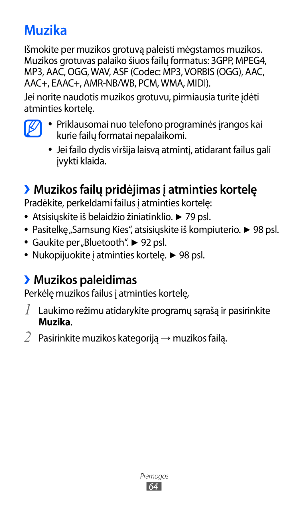 Samsung GT-S5690KOASEB manual Muzika, ››Muzikos failų pridėjimas į atminties kortelę, ››Muzikos paleidimas 