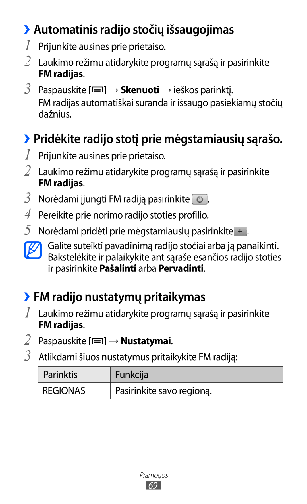 Samsung GT-S5690KOASEB manual ››Automatinis radijo stočių išsaugojimas, ››FM radijo nustatymų pritaikymas, FM radijas 