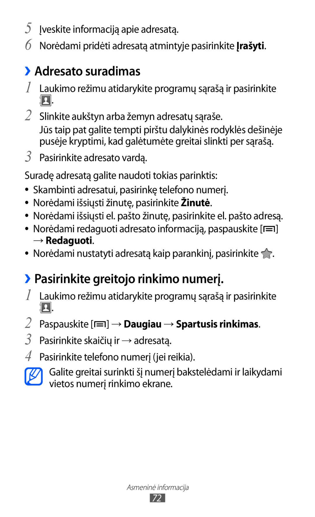 Samsung GT-S5690KOASEB manual ››Adresato suradimas, ››Pasirinkite greitojo rinkimo numerį, → Redaguoti 