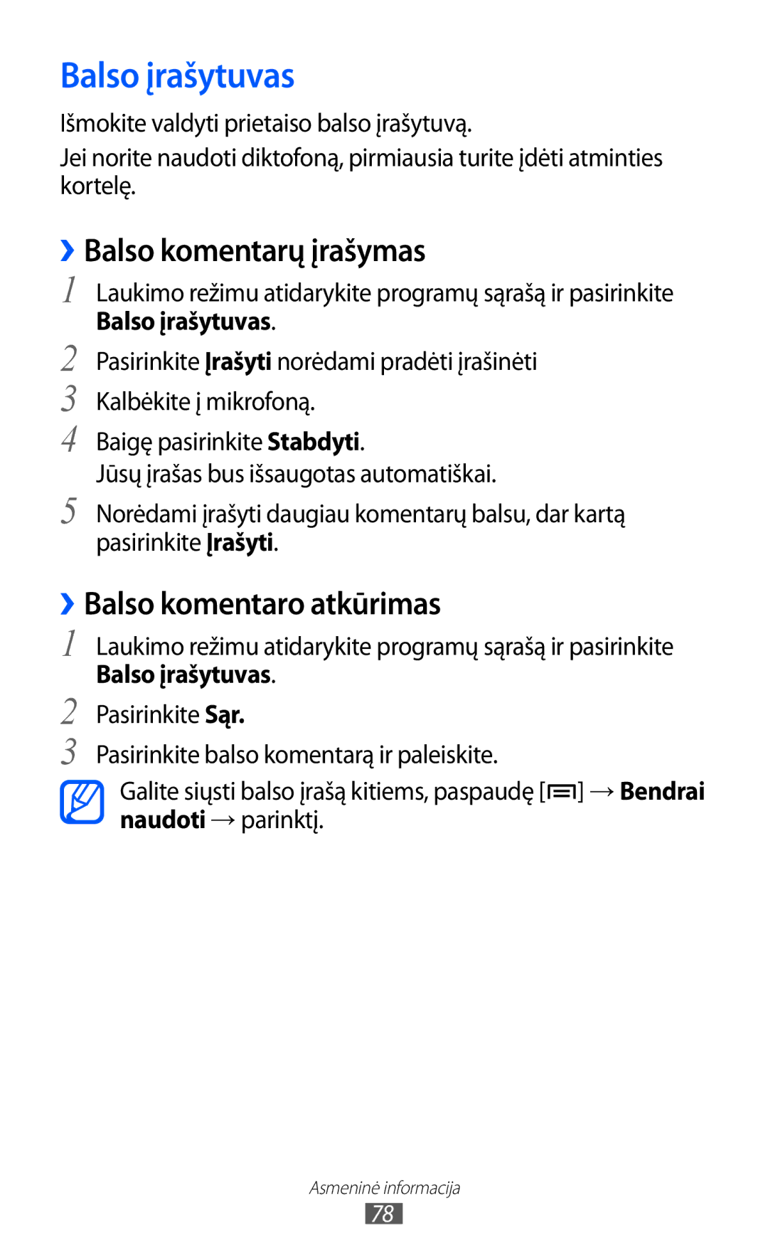 Samsung GT-S5690KOASEB manual Balso įrašytuvas, ››Balso komentarų įrašymas, ››Balso komentaro atkūrimas 