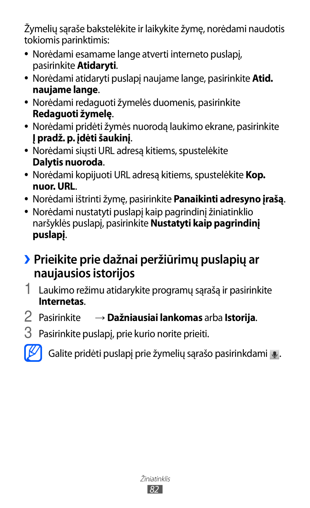 Samsung GT-S5690KOASEB manual Naujame lange, Internetas Pasirinkite → Dažniausiai lankomas arba Istorija 