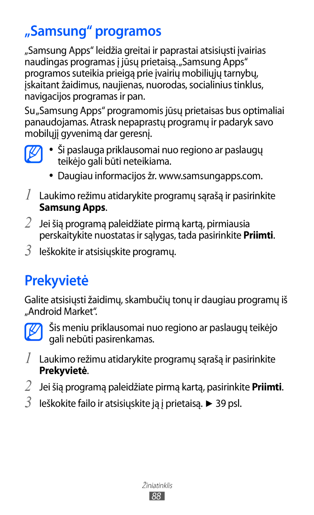 Samsung GT-S5690KOASEB manual „Samsung programos, Prekyvietė, Samsung Apps, Ieškokite ir atsisiųskite programų 