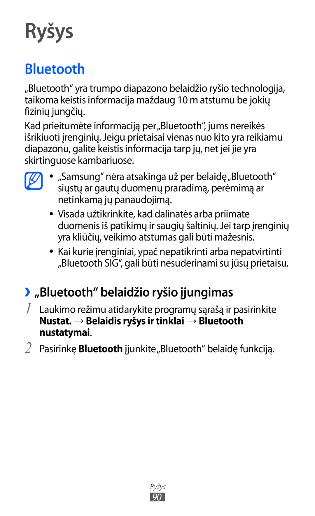 Samsung GT-S5690KOASEB manual Ryšys, ››„Bluetooth belaidžio ryšio įjungimas 