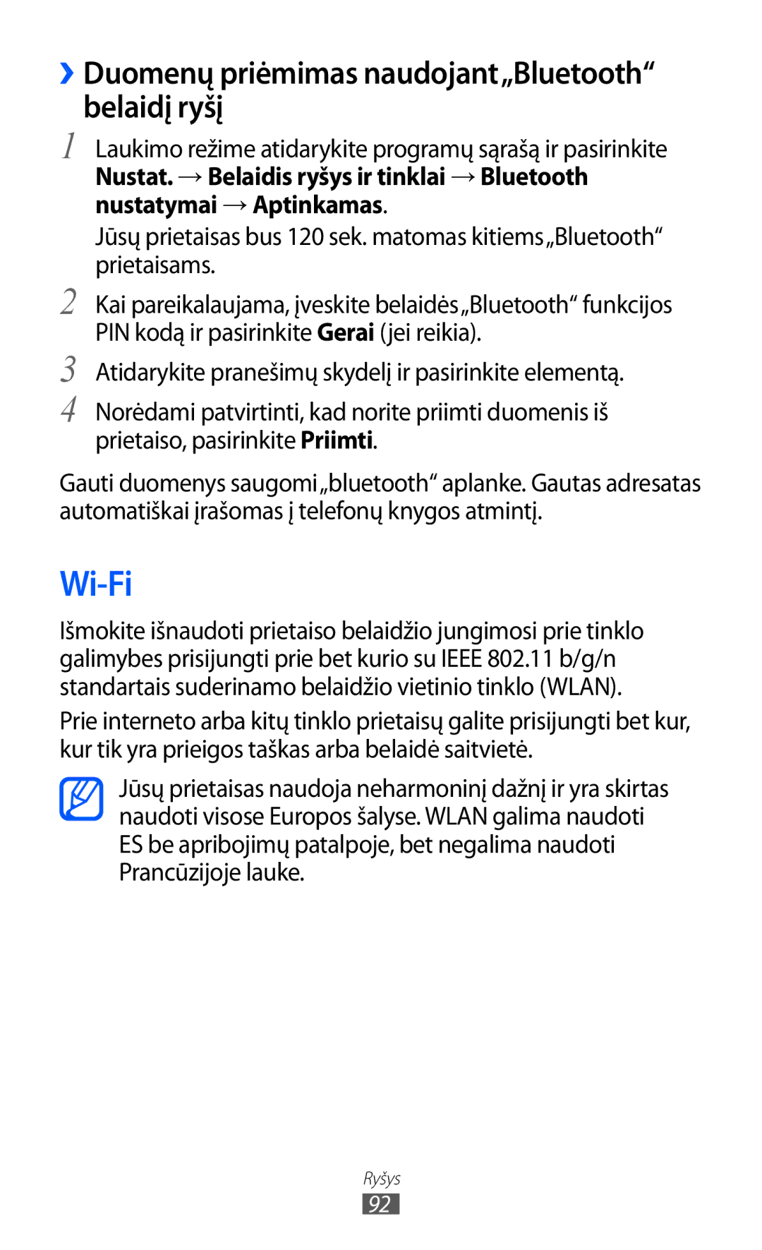 Samsung GT-S5690KOASEB manual Wi-Fi, ››Duomenų priėmimas naudojant„Bluetooth belaidį ryšį 