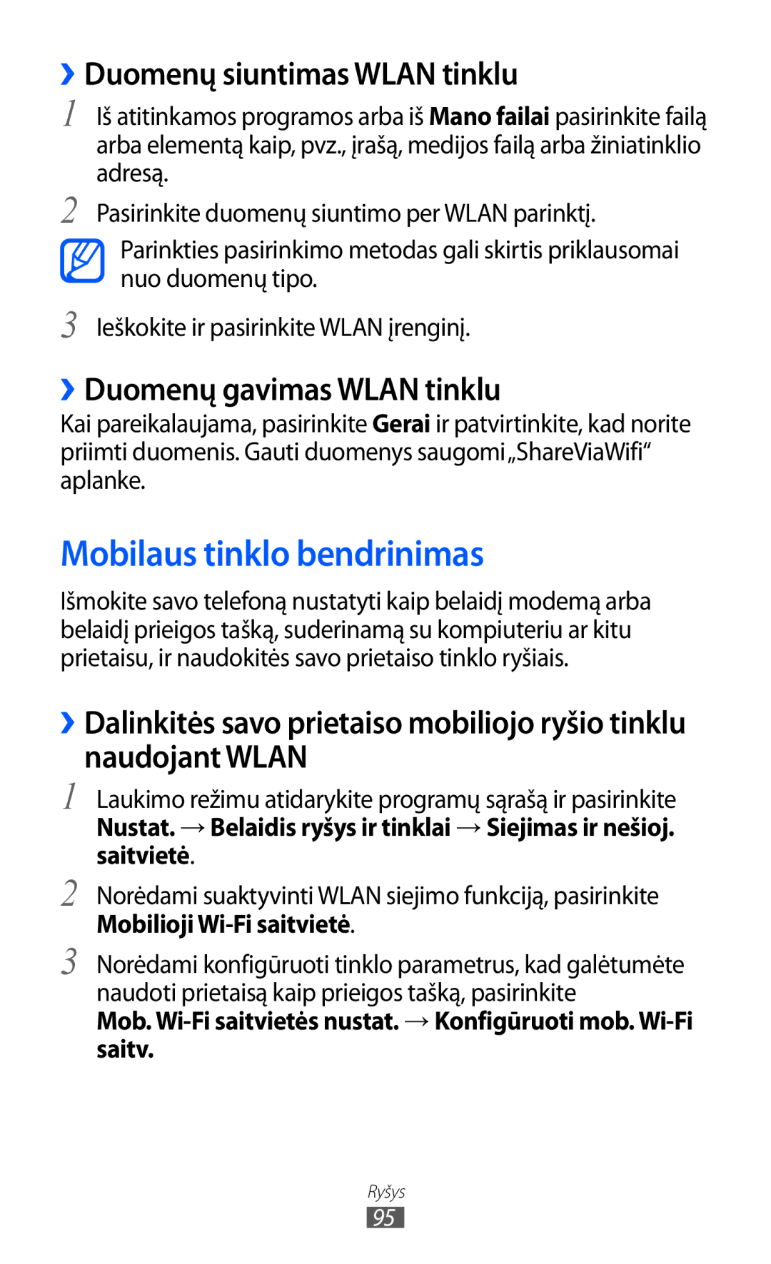 Samsung GT-S5690KOASEB manual Mobilaus tinklo bendrinimas, ››Duomenų siuntimas Wlan tinklu, ››Duomenų gavimas Wlan tinklu 