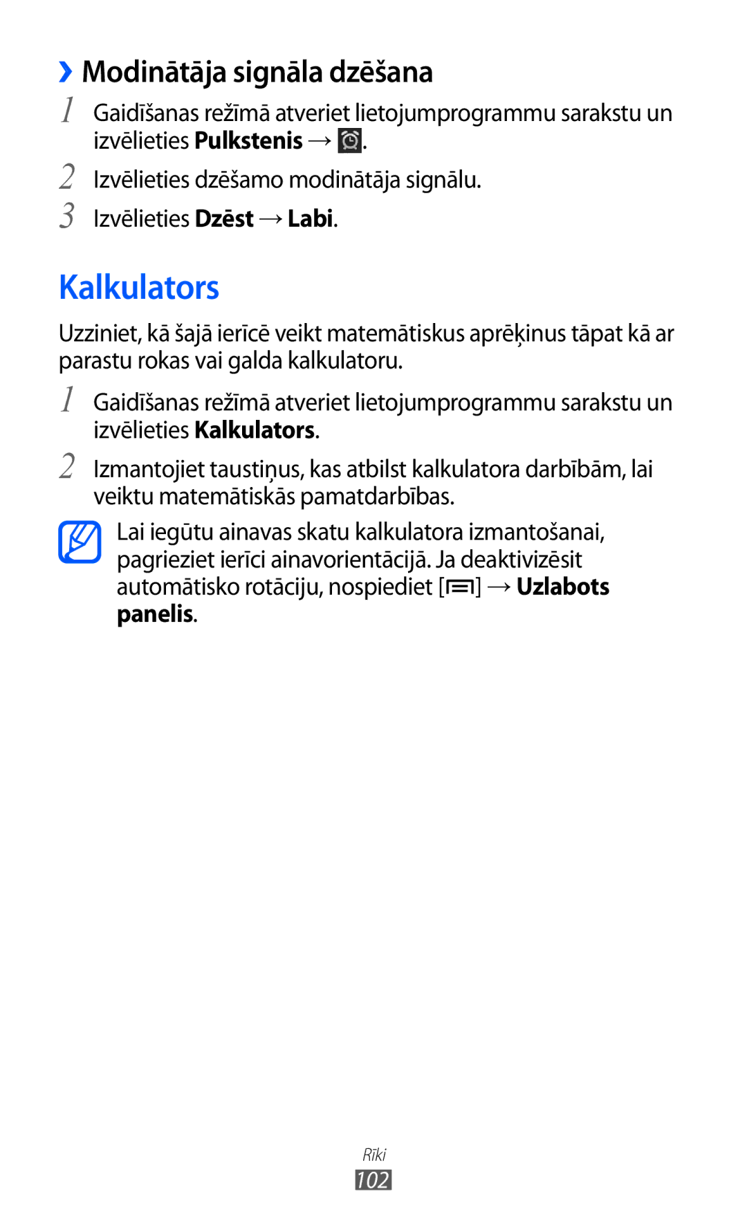 Samsung GT-S5690KOASEB manual Kalkulators, ››Modinātāja signāla dzēšana, Panelis, 102 