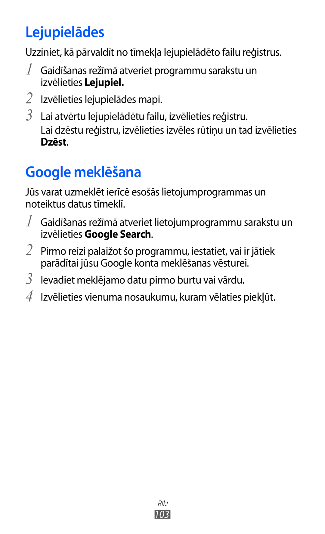 Samsung GT-S5690KOASEB manual Lejupielādes, Google meklēšana, 103 