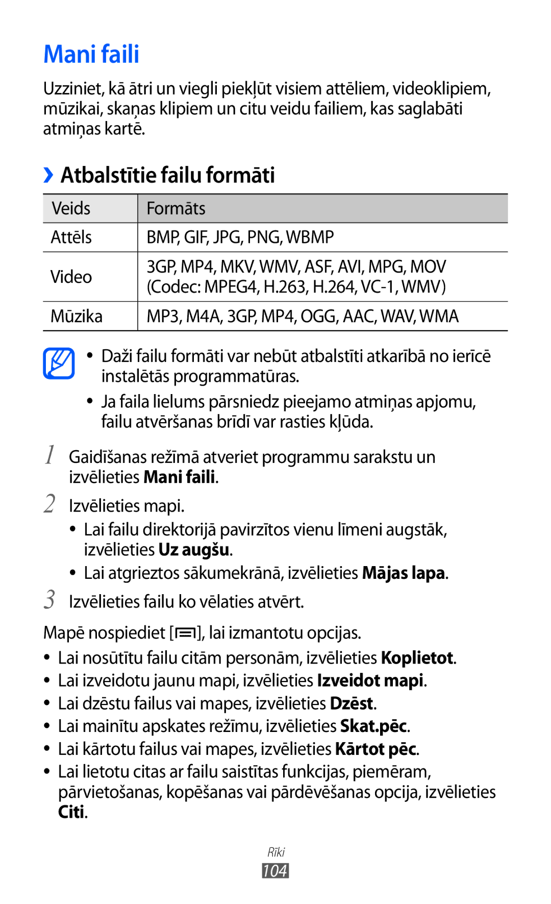 Samsung GT-S5690KOASEB manual Mani faili, Mūzika, Lai dzēstu failus vai mapes, izvēlieties Dzēst, 104 