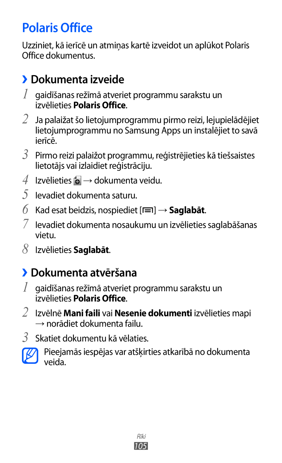 Samsung GT-S5690KOASEB manual Polaris Office, ››Dokumenta izveide, ››Dokumenta atvēršana, 105 