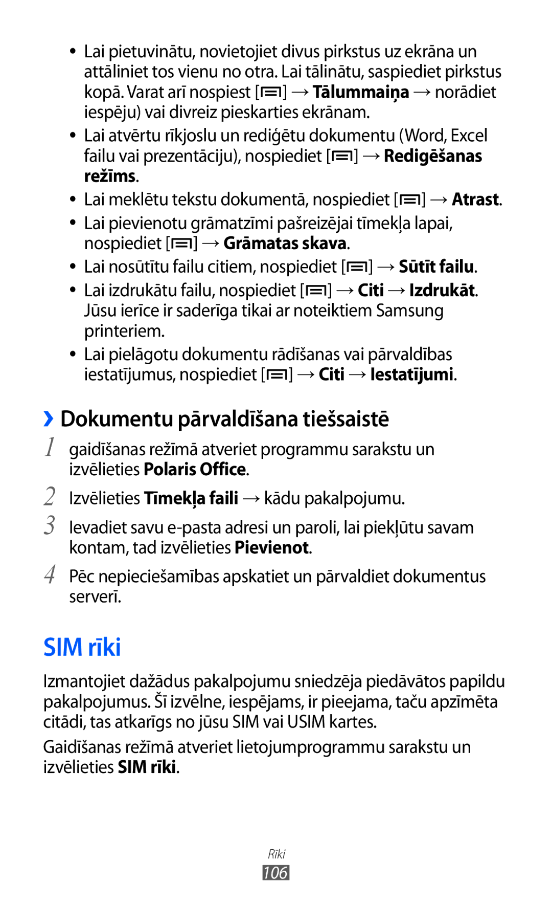 Samsung GT-S5690KOASEB manual SIM rīki, ››Dokumentu pārvaldīšana tiešsaistē, 106 