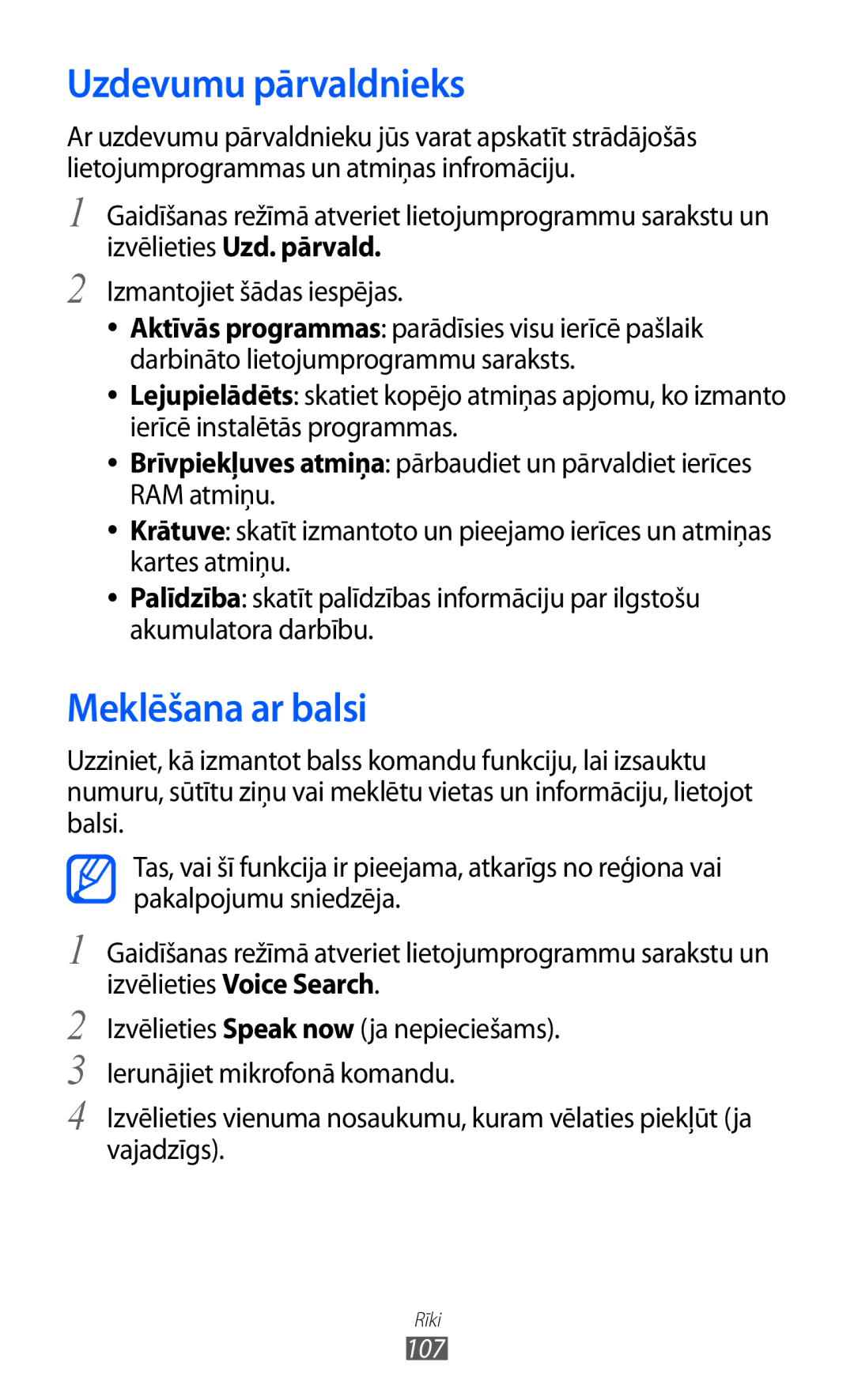 Samsung GT-S5690KOASEB Uzdevumu pārvaldnieks, Meklēšana ar balsi, Izvēlieties Uzd. pārvald, Izmantojiet šādas iespējas 