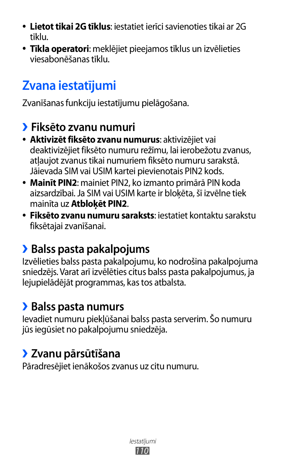 Samsung GT-S5690KOASEB manual Zvana iestatījumi, ››Fiksēto zvanu numuri, ››Balss pasta pakalpojums, ››Balss pasta numurs 