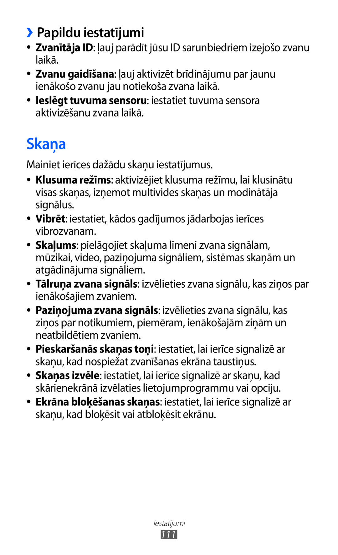 Samsung GT-S5690KOASEB manual Skaņa, ››Papildu iestatījumi, 111 