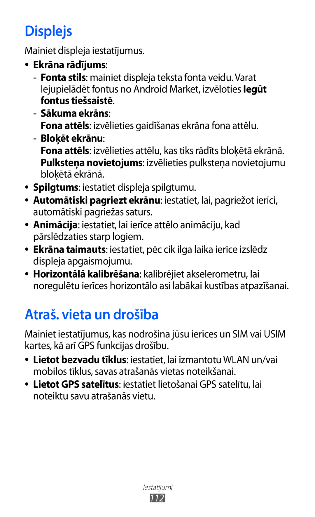 Samsung GT-S5690KOASEB manual Displejs, Atraš. vieta un drošība, Ekrāna rādījums, Sākuma ekrāns, Bloķēt ekrānu 