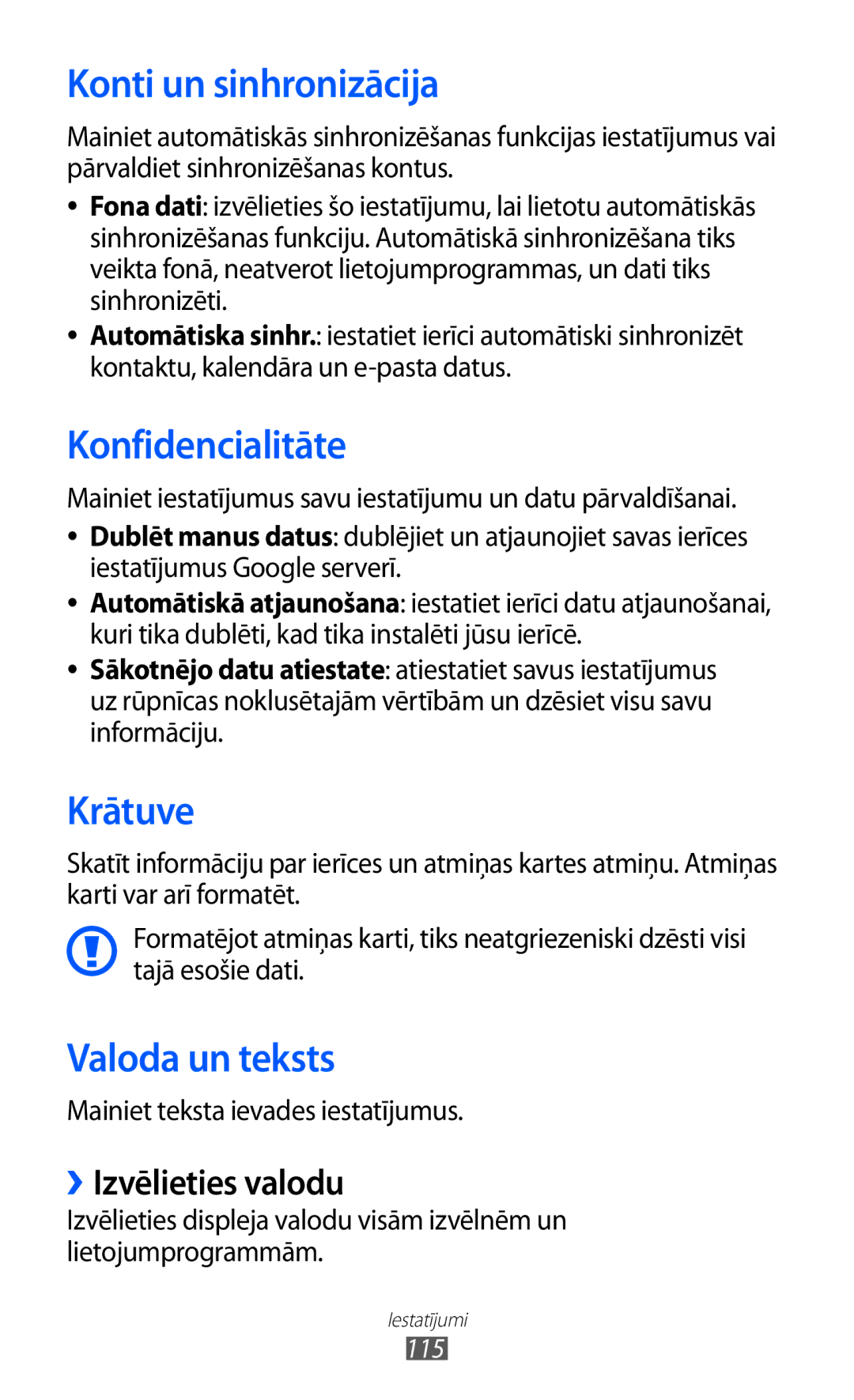 Samsung GT-S5690KOASEB manual Konti un sinhronizācija, Konfidencialitāte, Krātuve, Valoda un teksts, ››Izvēlieties valodu 