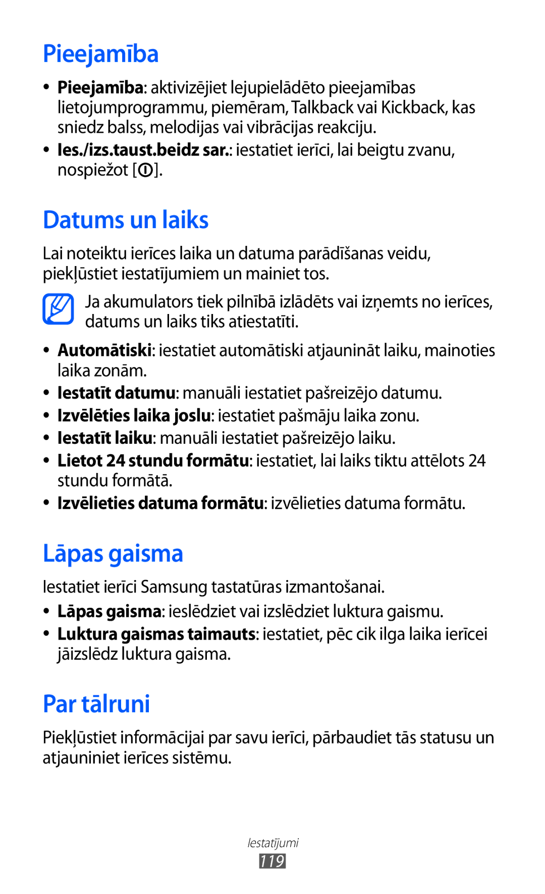 Samsung GT-S5690KOASEB manual Pieejamība, Datums un laiks, Lāpas gaisma, Par tālruni, 119 