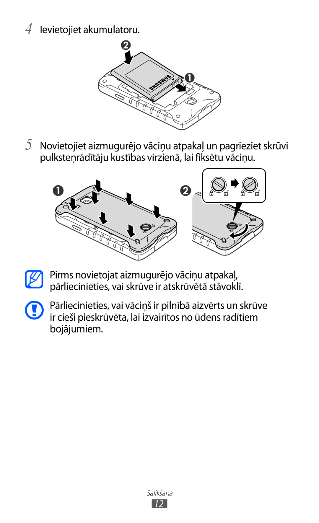 Samsung GT-S5690KOASEB manual Ievietojiet akumulatoru 