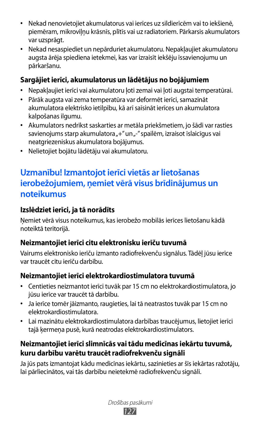 Samsung GT-S5690KOASEB manual 127, Sargājiet ierīci, akumulatorus un lādētājus no bojājumiem 