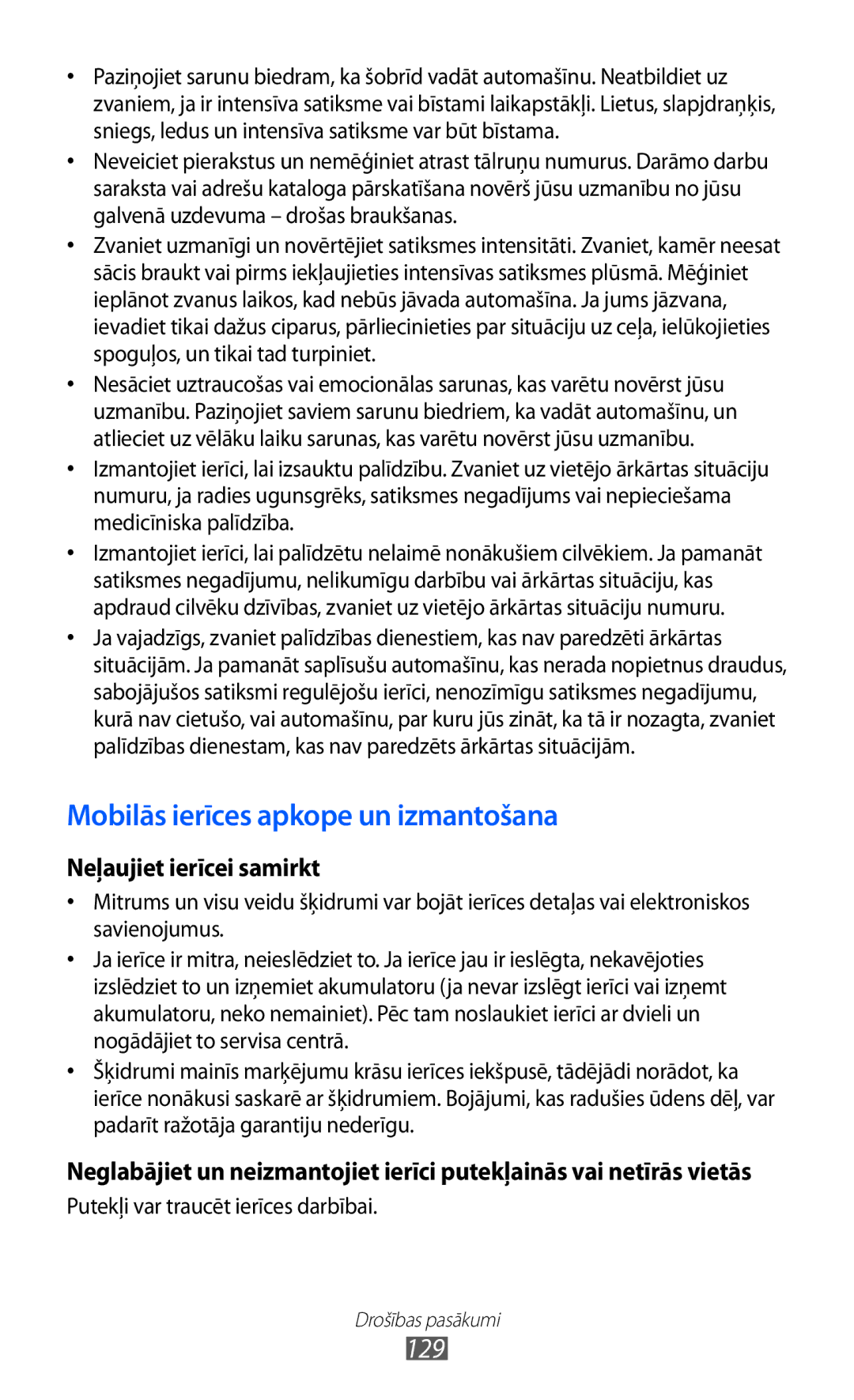 Samsung GT-S5690KOASEB manual Mobilās ierīces apkope un izmantošana, 129 