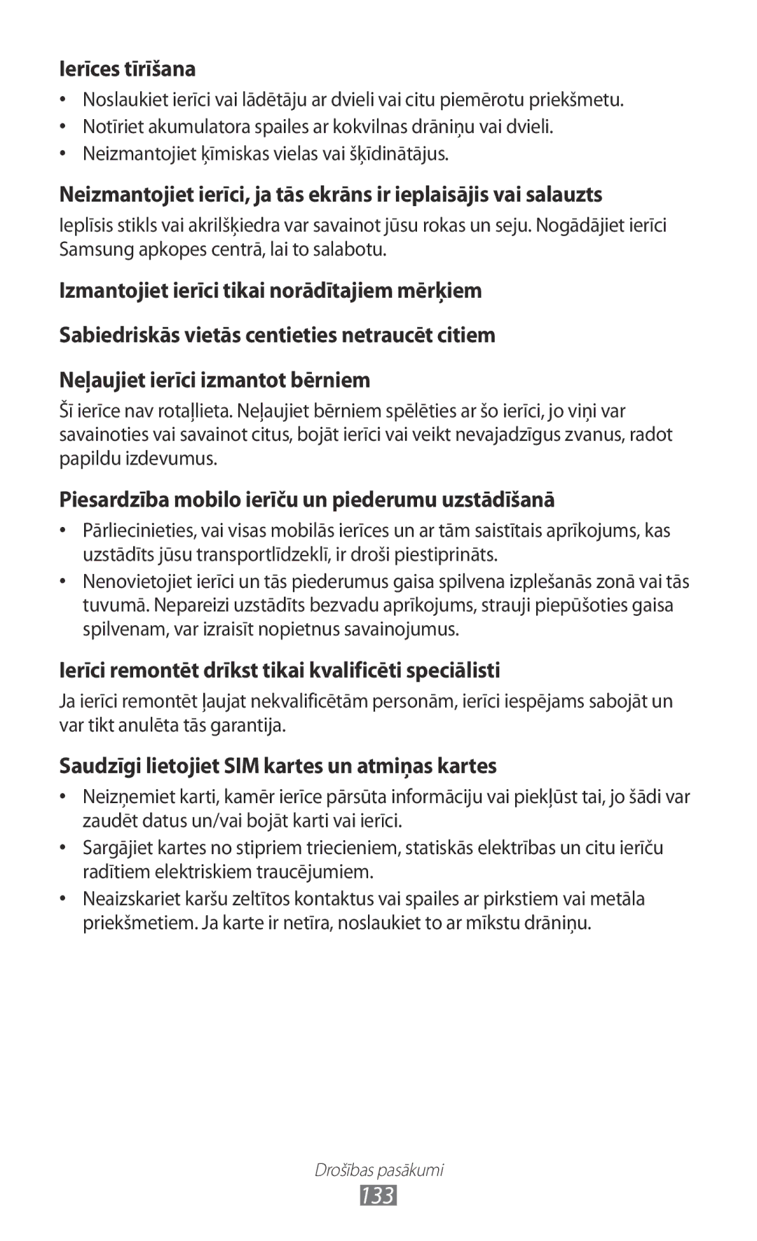 Samsung GT-S5690KOASEB manual 133, Ierīces tīrīšana 