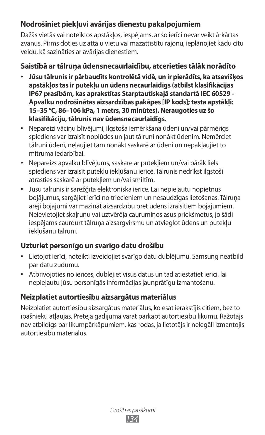 Samsung GT-S5690KOASEB manual 134, Nodrošiniet piekļuvi avārijas dienestu pakalpojumiem 