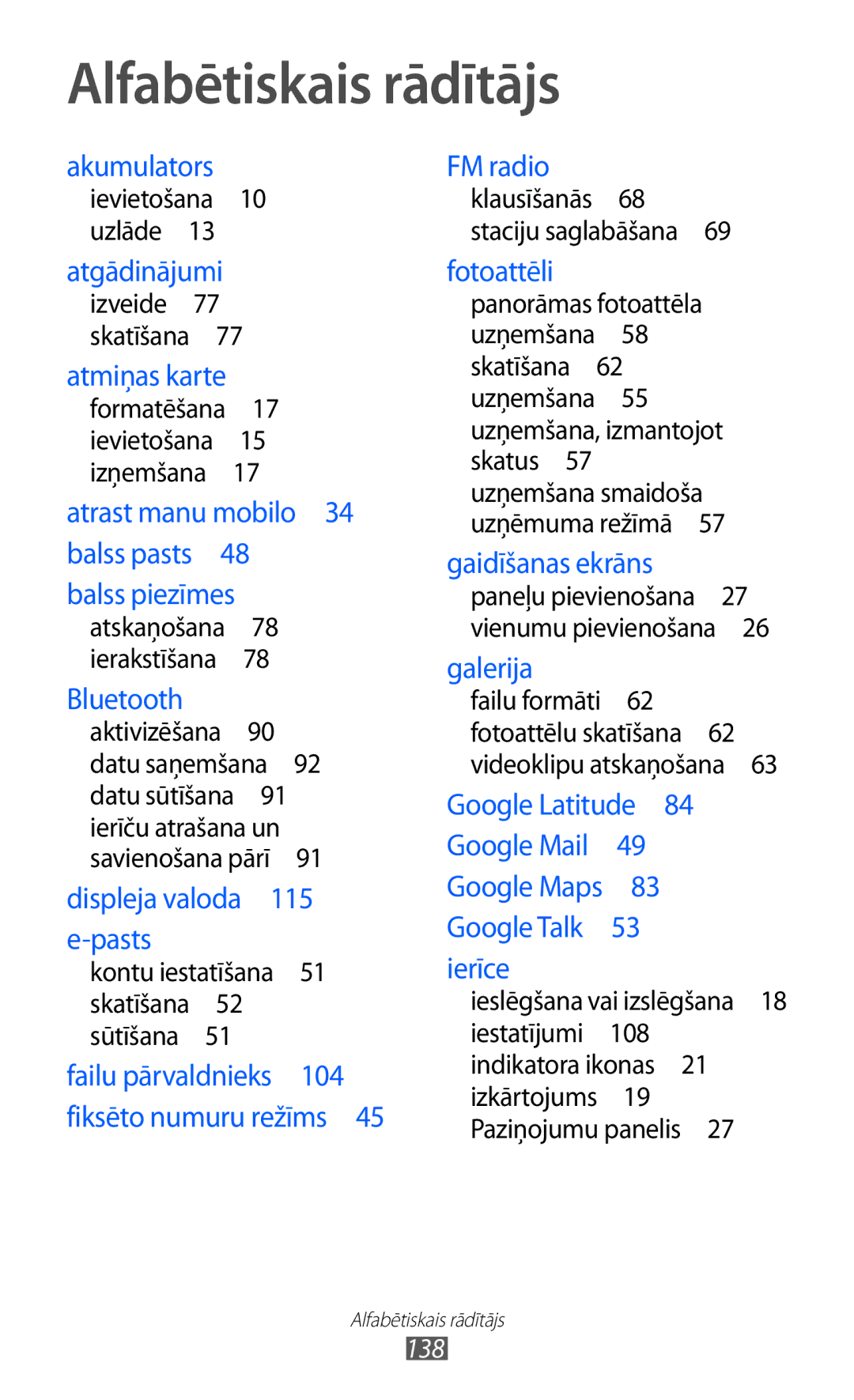 Samsung GT-S5690KOASEB manual Alfabētiskais rādītājs, 138 