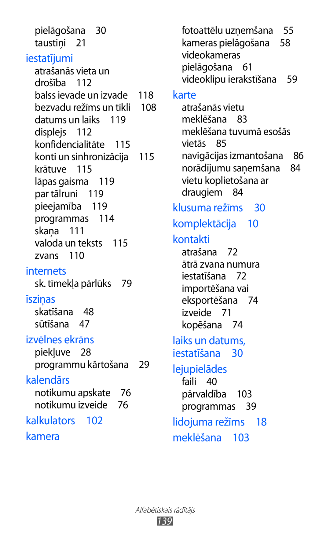 Samsung GT-S5690KOASEB manual Iestatījumi, 139 