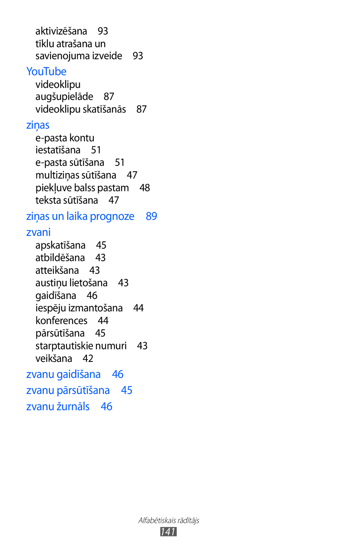 Samsung GT-S5690KOASEB manual Ziņas, 141 