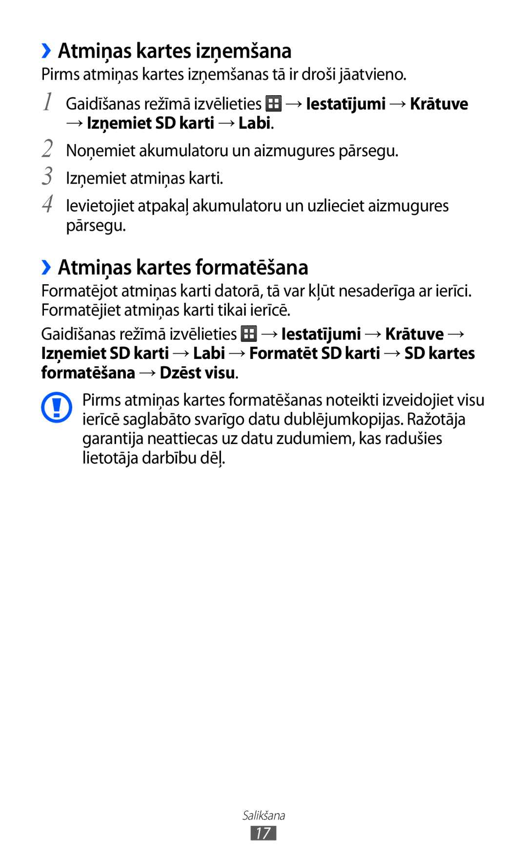 Samsung GT-S5690KOASEB manual ››Atmiņas kartes izņemšana, ››Atmiņas kartes formatēšana, → Izņemiet SD karti → Labi 