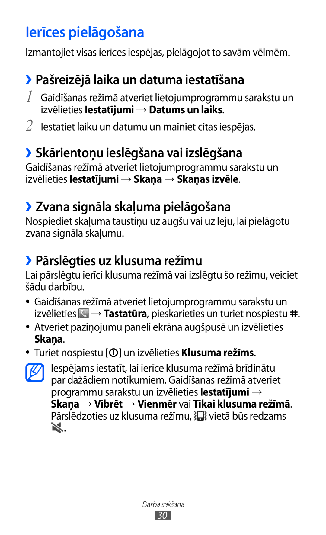 Samsung GT-S5690KOASEB Ierīces pielāgošana, ››Pašreizējā laika un datuma iestatīšana, ››Zvana signāla skaļuma pielāgošana 