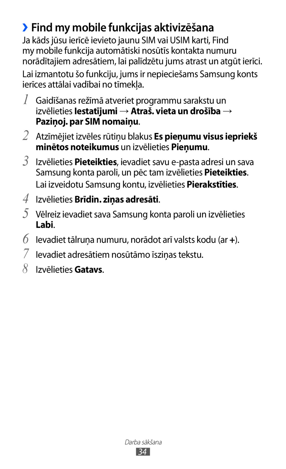 Samsung GT-S5690KOASEB manual ››Find my mobile funkcijas aktivizēšana, Izvēlieties Brīdin. ziņas adresāti, Labi 