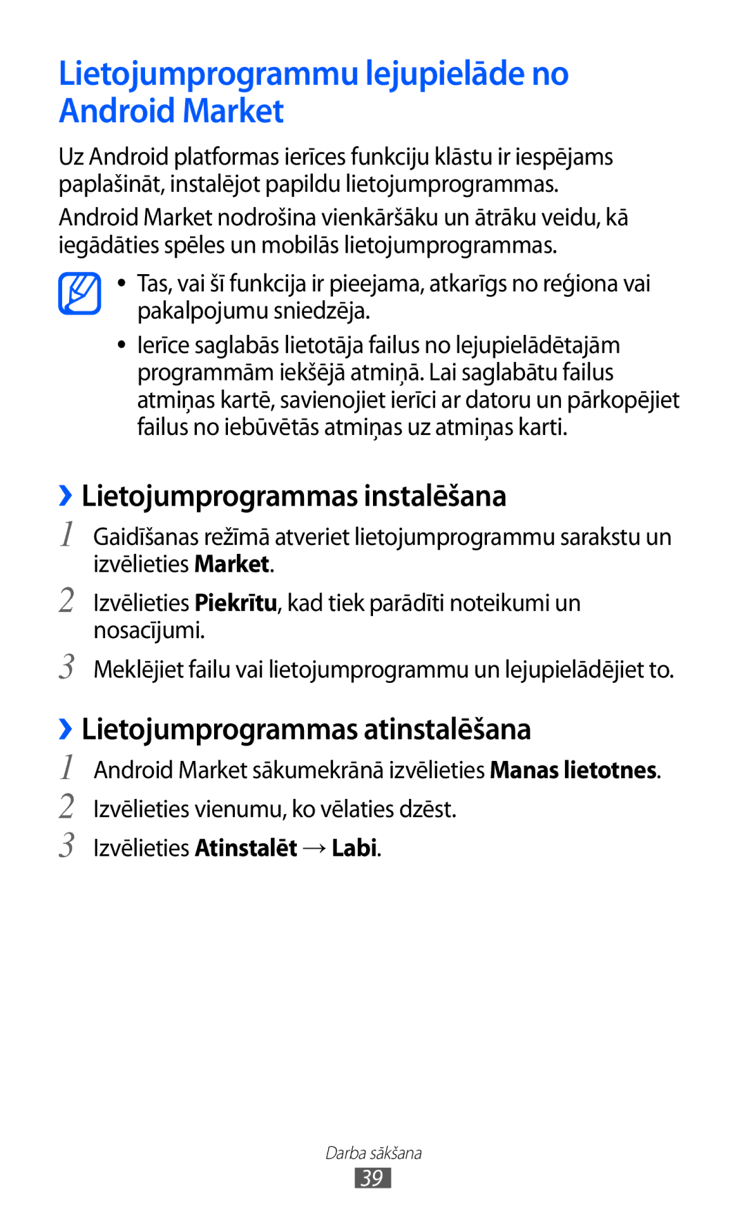 Samsung GT-S5690KOASEB manual Lietojumprogrammu lejupielāde no Android Market, ››Lietojumprogrammas instalēšana 