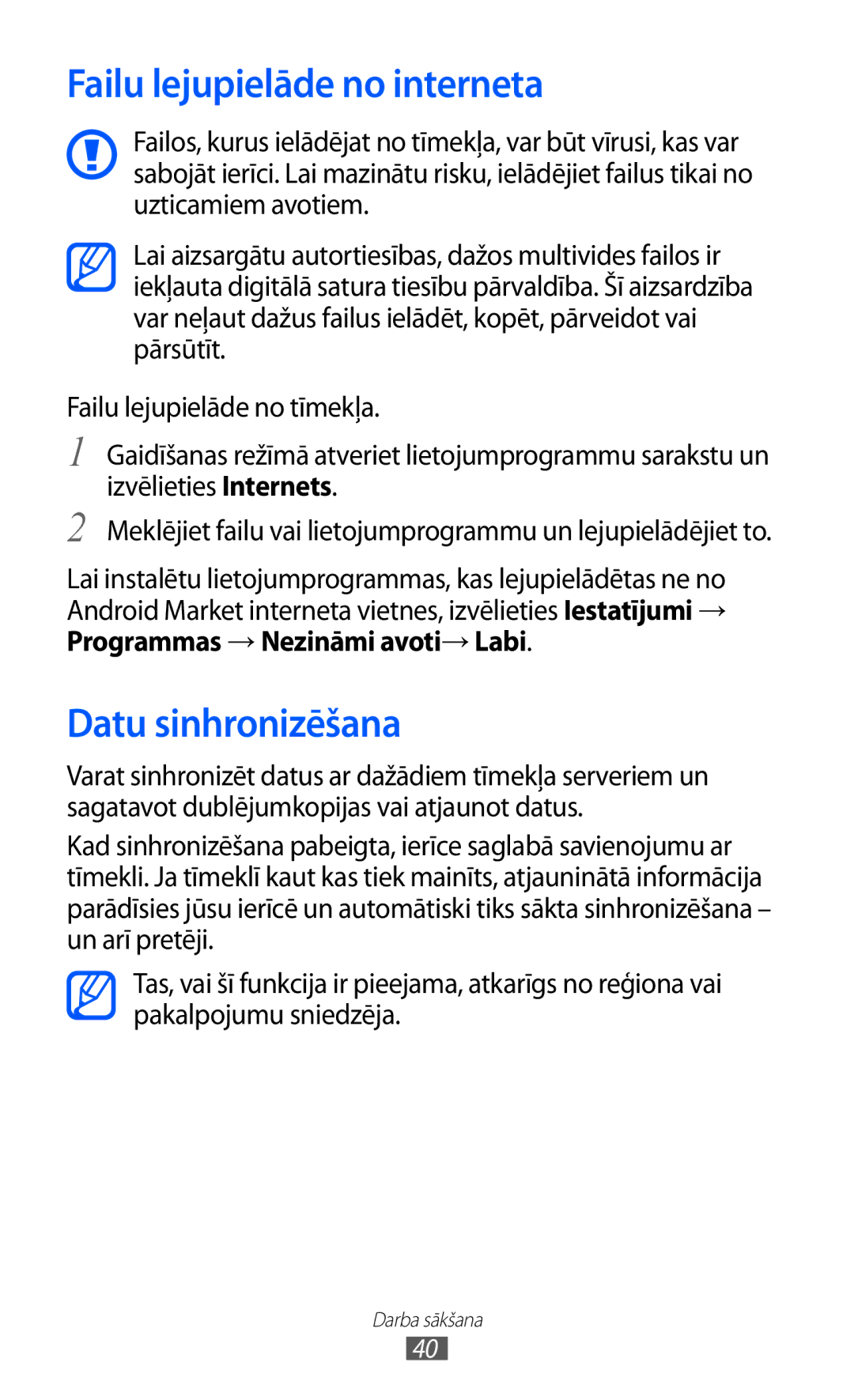 Samsung GT-S5690KOASEB manual Failu lejupielāde no interneta, Datu sinhronizēšana, Programmas → Nezināmi avoti→ Labi 
