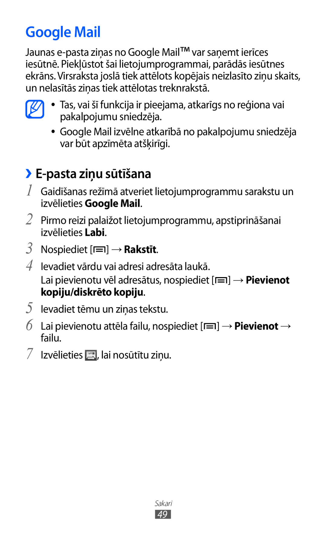 Samsung GT-S5690KOASEB manual Google Mail, ››E-pasta ziņu sūtīšana 