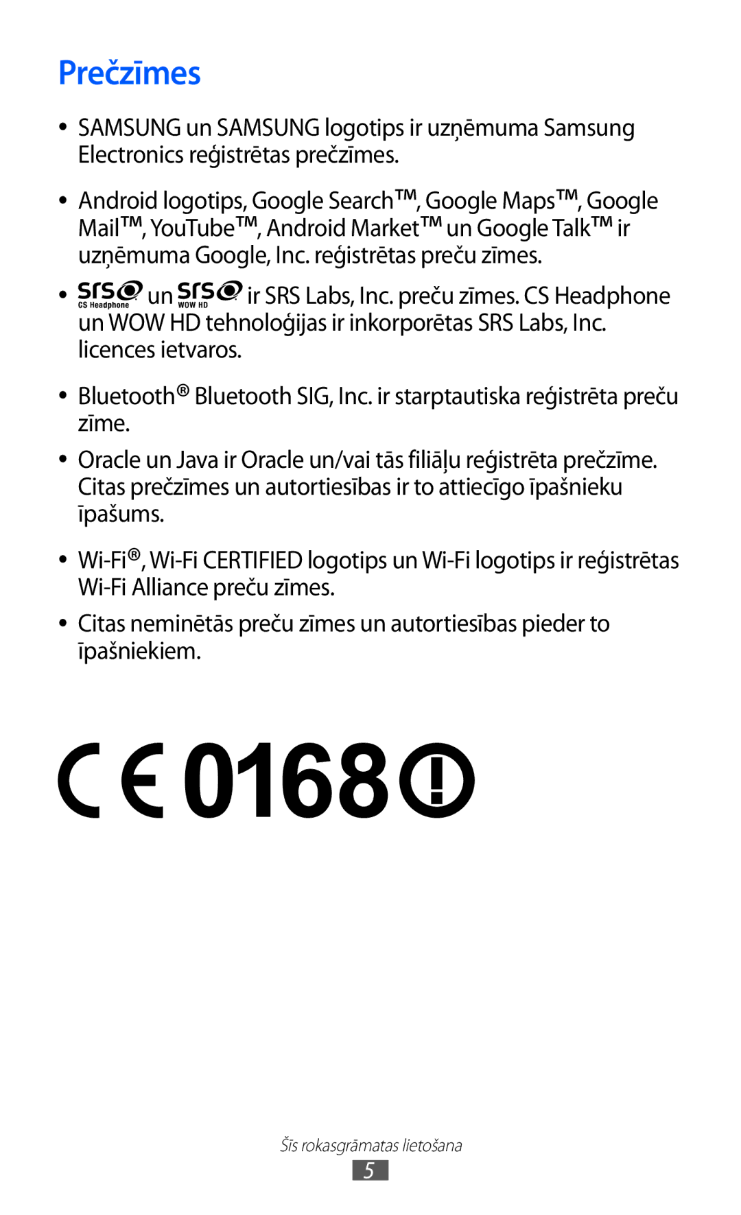 Samsung GT-S5690KOASEB manual Prečzīmes 