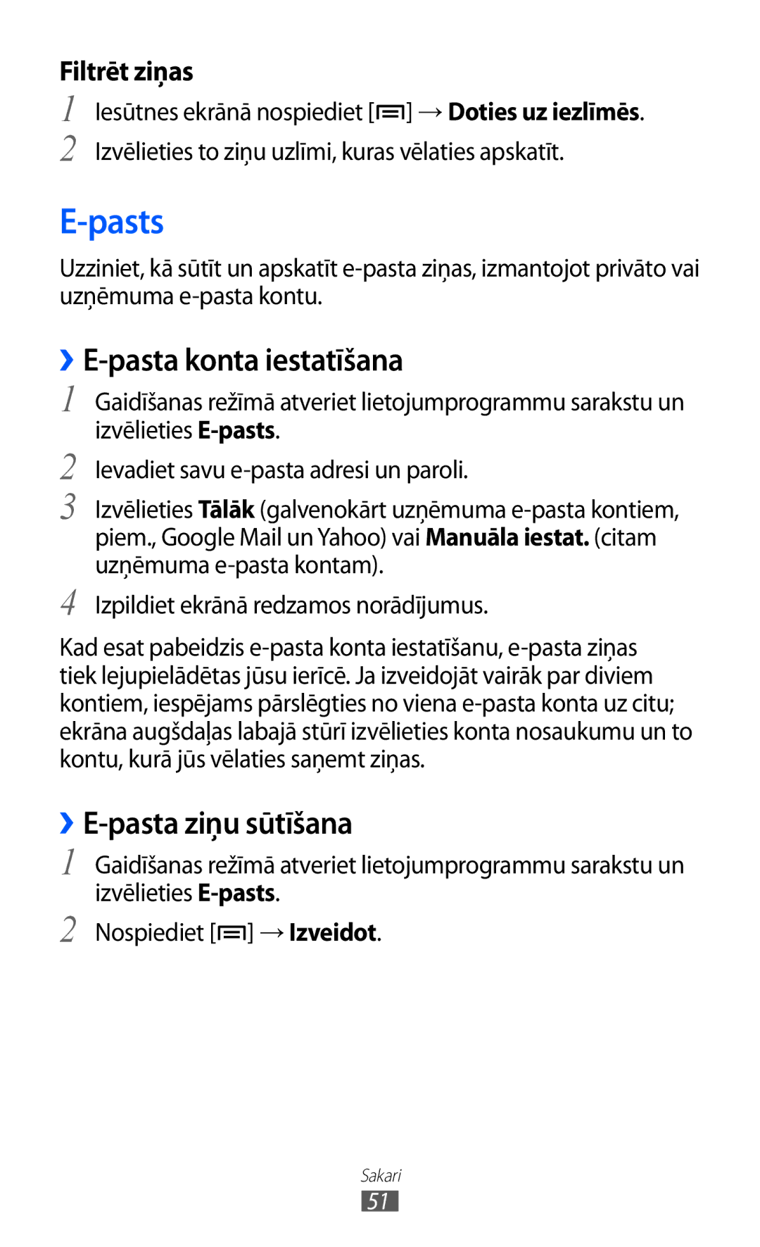 Samsung GT-S5690KOASEB manual Pasts, ››E-pasta konta iestatīšana 