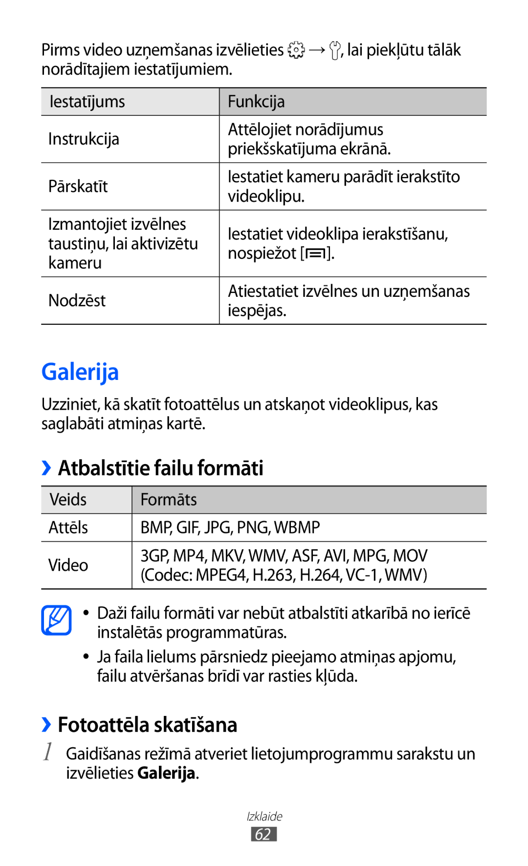 Samsung GT-S5690KOASEB manual Galerija, Atbalstītie failu formāti, ››Fotoattēla skatīšana, Veids Formāts Attēls, Video 