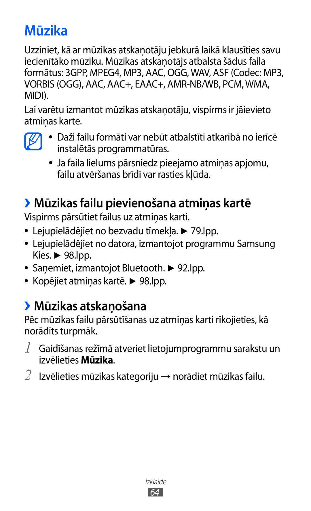 Samsung GT-S5690KOASEB manual ››Mūzikas failu pievienošana atmiņas kartē, ››Mūzikas atskaņošana 