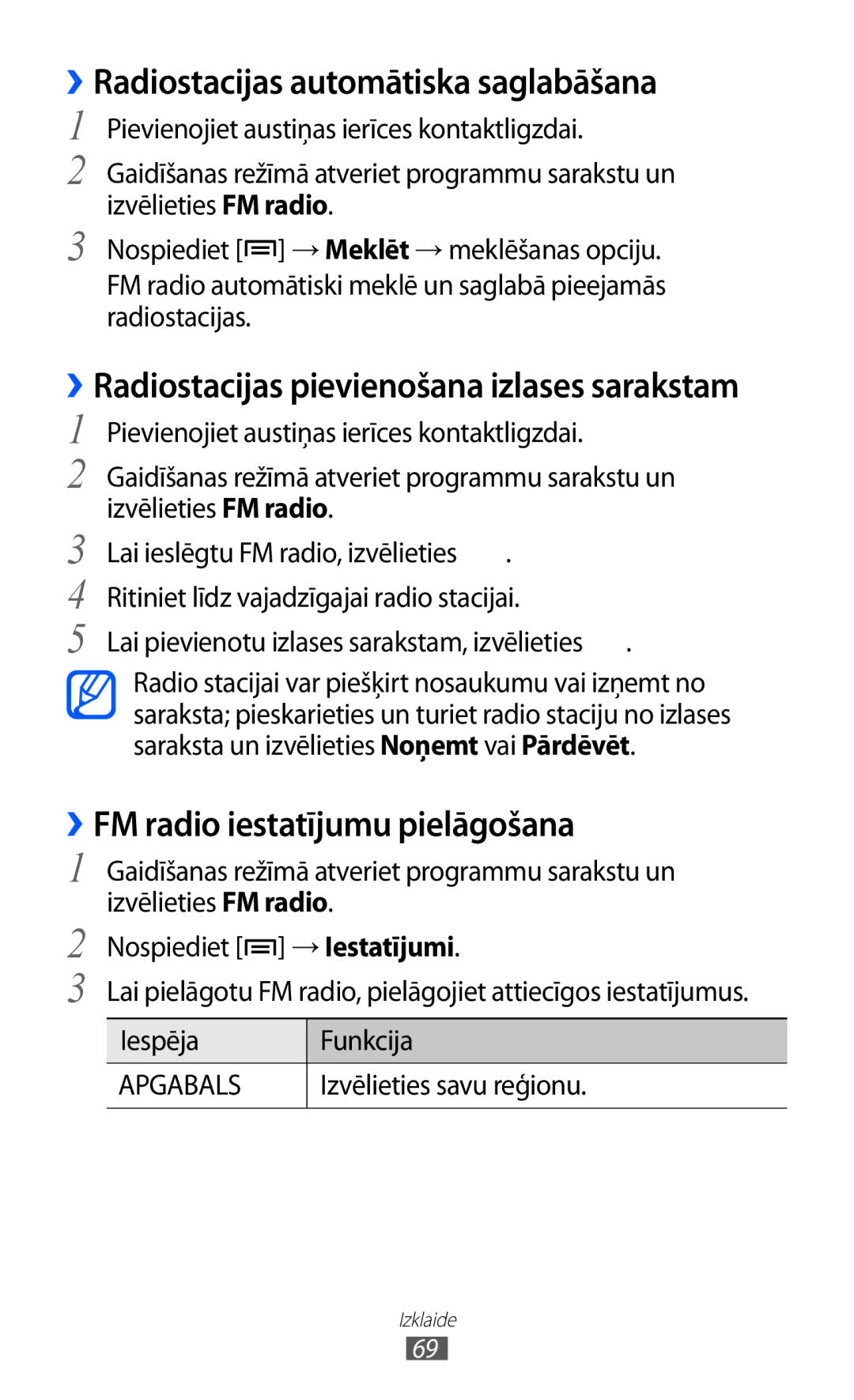 Samsung GT-S5690KOASEB manual ››Radiostacijas automātiska saglabāšana, ››FM radio iestatījumu pielāgošana 