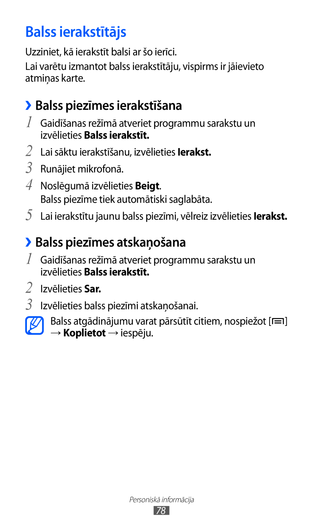 Samsung GT-S5690KOASEB manual Balss ierakstītājs, ››Balss piezīmes ierakstīšana, ››Balss piezīmes atskaņošana 