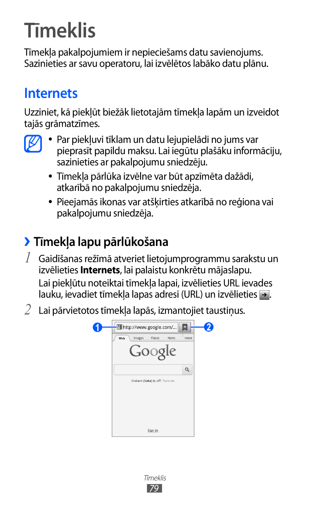 Samsung GT-S5690KOASEB manual Tīmeklis, Internets, ››Tīmekļa lapu pārlūkošana 