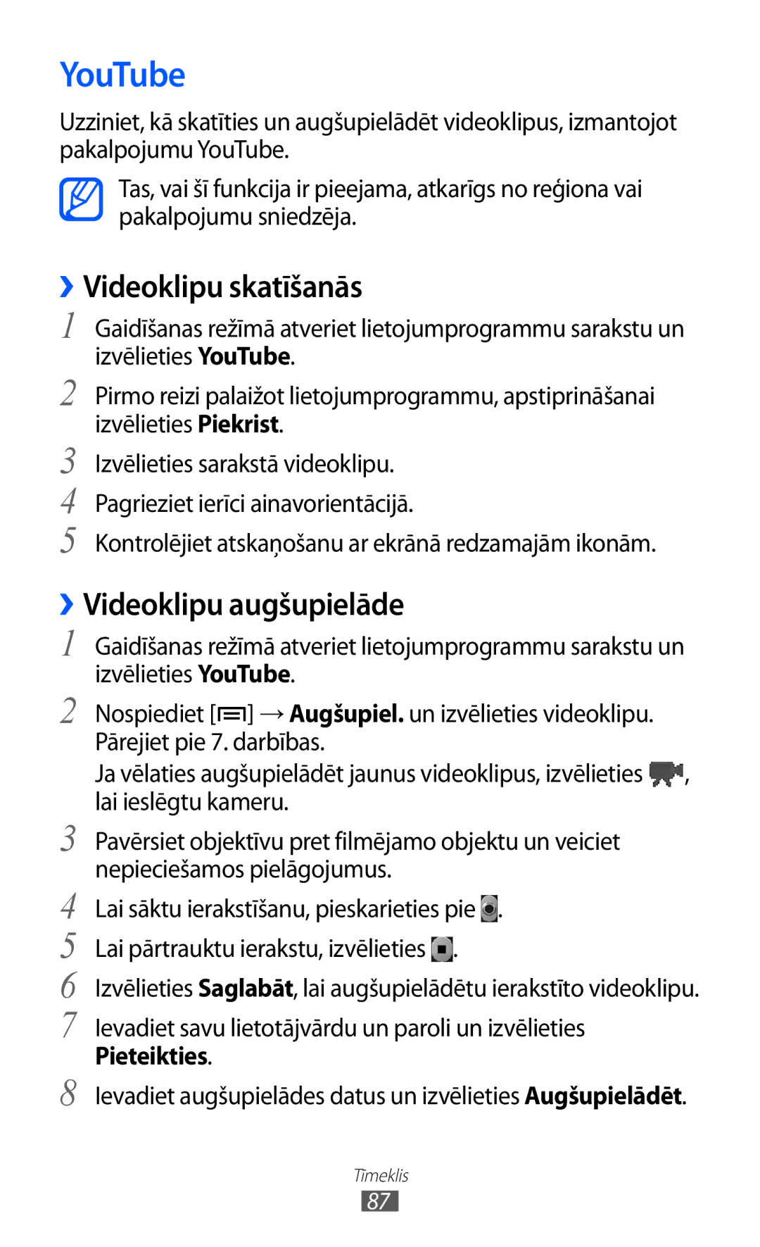 Samsung GT-S5690KOASEB manual YouTube, ››Videoklipu skatīšanās, ››Videoklipu augšupielāde 