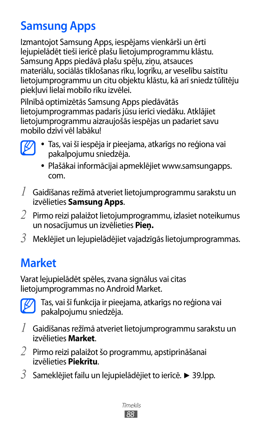 Samsung GT-S5690KOASEB manual Samsung Apps, Market 