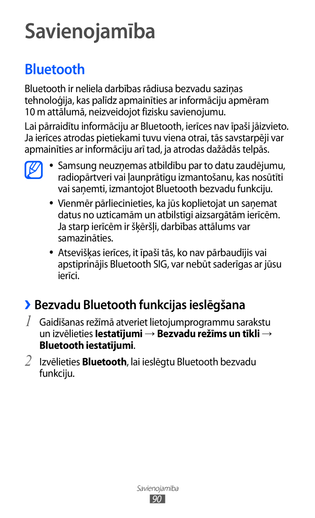 Samsung GT-S5690KOASEB manual Savienojamība, ››Bezvadu Bluetooth funkcijas ieslēgšana 