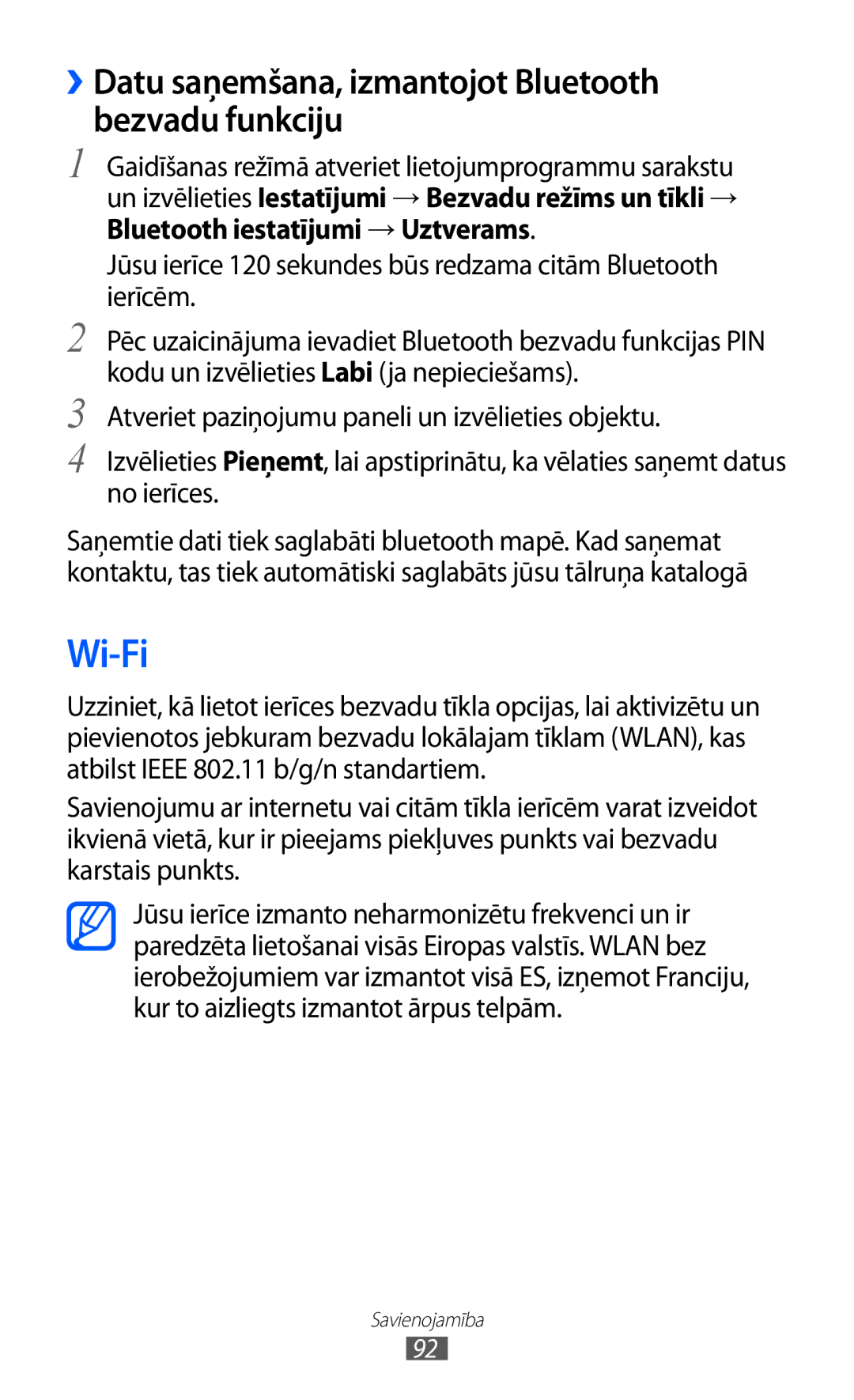 Samsung GT-S5690KOASEB manual Wi-Fi, ››Datu saņemšana, izmantojot Bluetooth bezvadu funkciju 