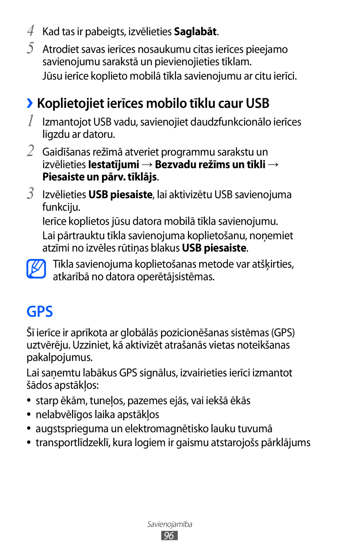 Samsung GT-S5690KOASEB manual ››Koplietojiet ierīces mobilo tīklu caur USB, Kad tas ir pabeigts, izvēlieties Saglabāt 