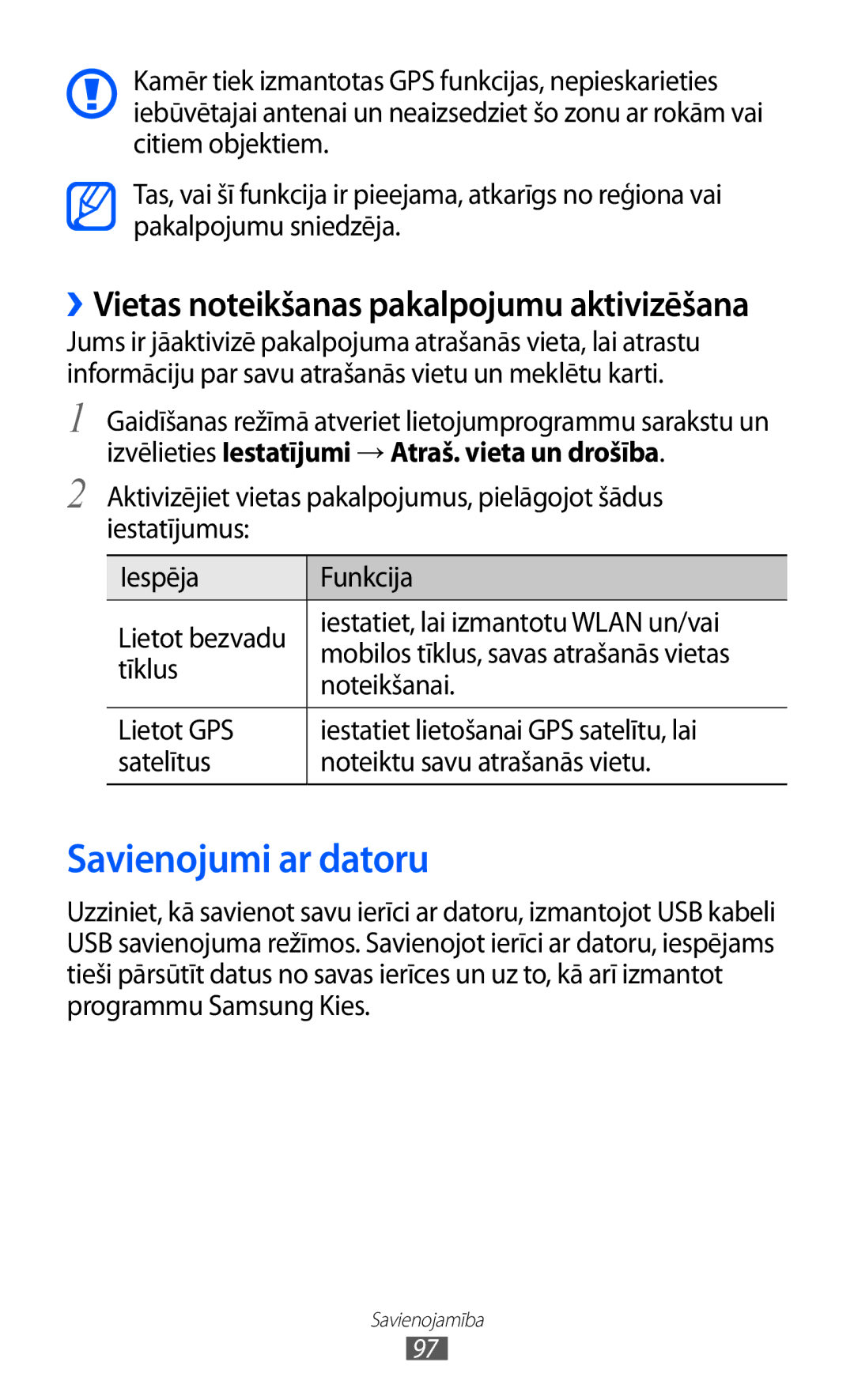 Samsung GT-S5690KOASEB manual Savienojumi ar datoru, Izvēlieties Iestatījumi → Atraš. vieta un drošība, Tīklus 